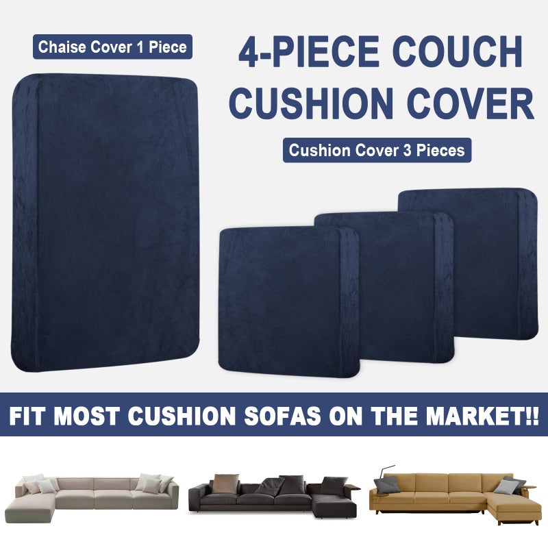 BT.WA Sectional Couch Covers for 4-Piece Seat Cushion Velvet Separate L Shape Couch Cover Stretch Sofa Slipcover with 2 Pieces Pillowcases Furniture Protector (Sofa 3 Seater + 1 Chaise  Navy) - Image 4
